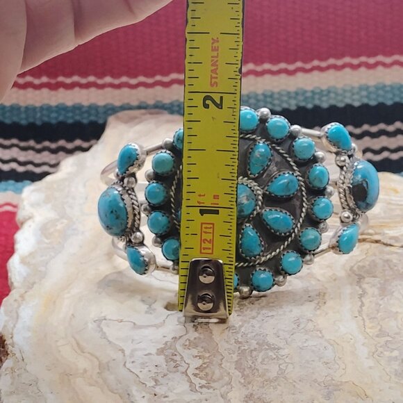 Native Navajo Running Bear Sterling Silver Turquoise Cluster Cuff Bracelet 37.4g - Picture 7 of 12